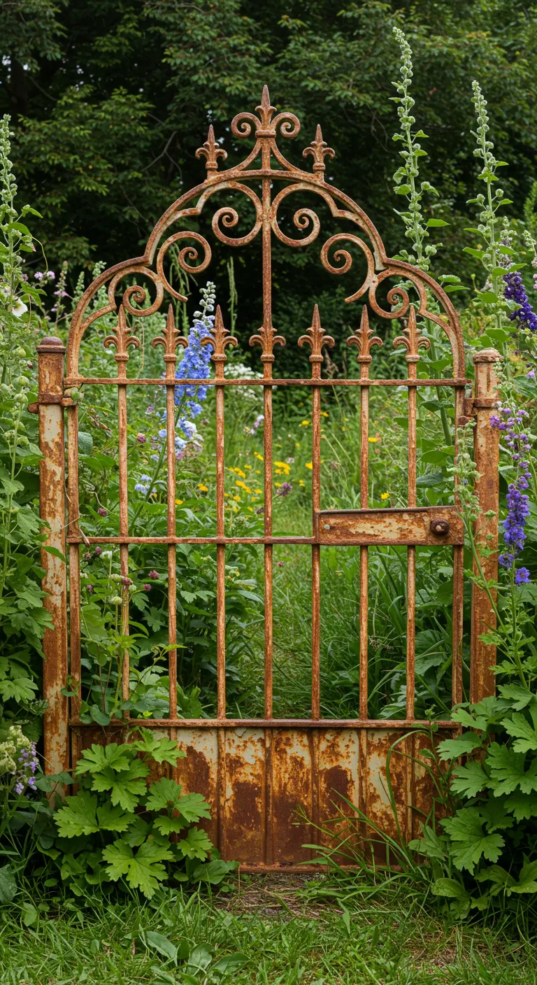 Oud, verroest sierhek midden in een veld met wilde bloemen, als poort naar nergens.