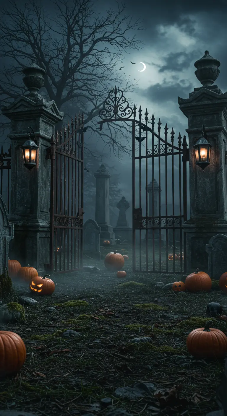 Oude ijzeren poort met lantaarns, omringd door gloeiende pompoenen en mist onder een donkere maan.