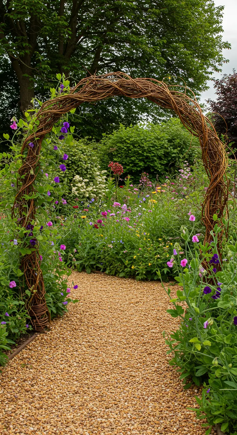 Een gebogen poort van gevlochten takken, begroeid met bloemen, leidt naar een tuinpad.
