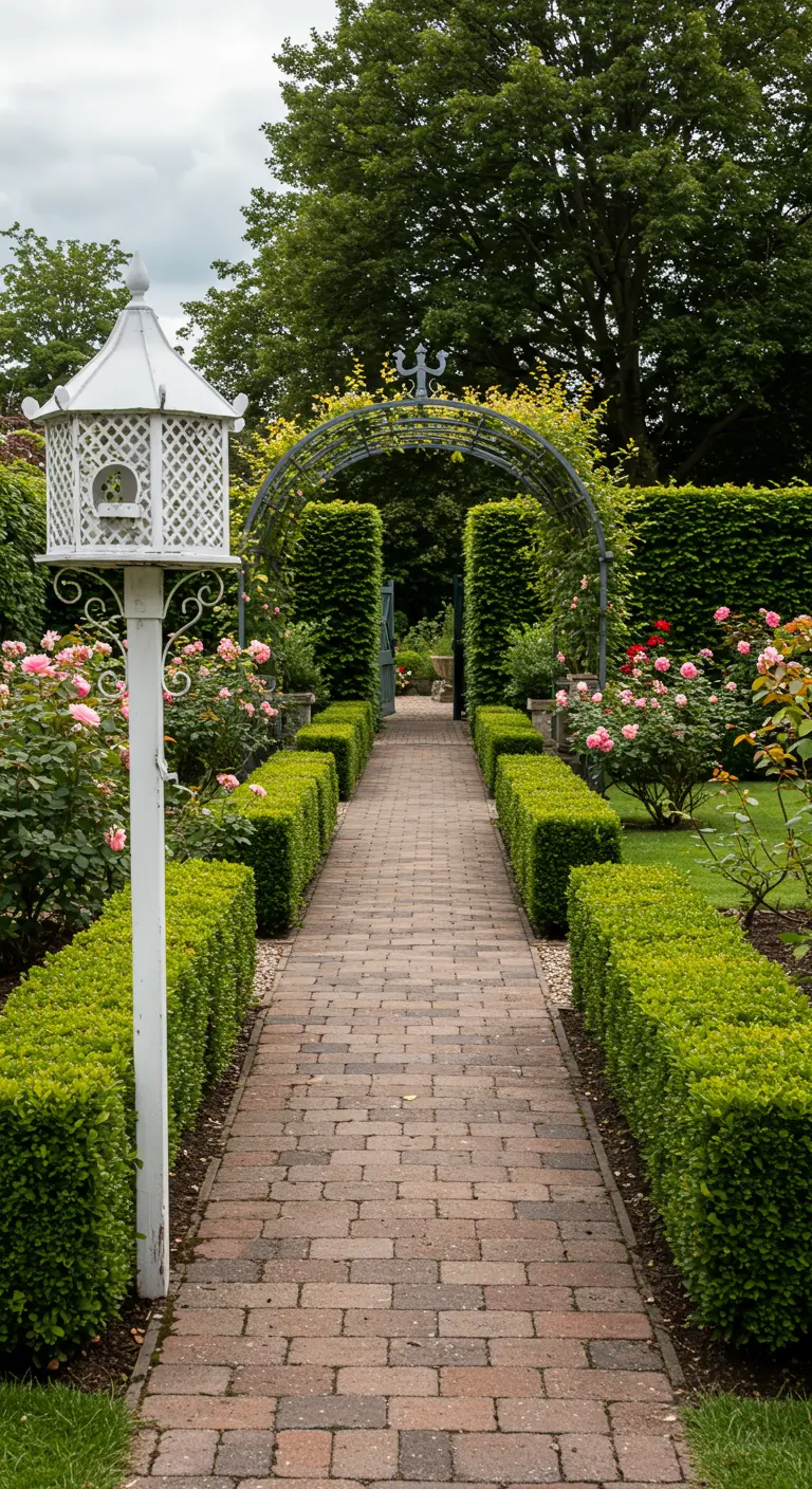 Sierlijk wit vogelhuisje in een formele tuin met buxushagen en een rozenboog.