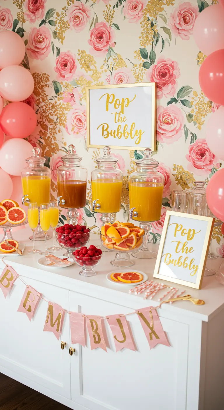 Drankjesbar met sapdispensers, fruit en een 'Pop the Bubbly' bord.