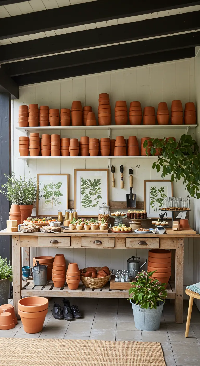 Buffettafel in tuinthema met terracotta potten, planten en botanische prenten.