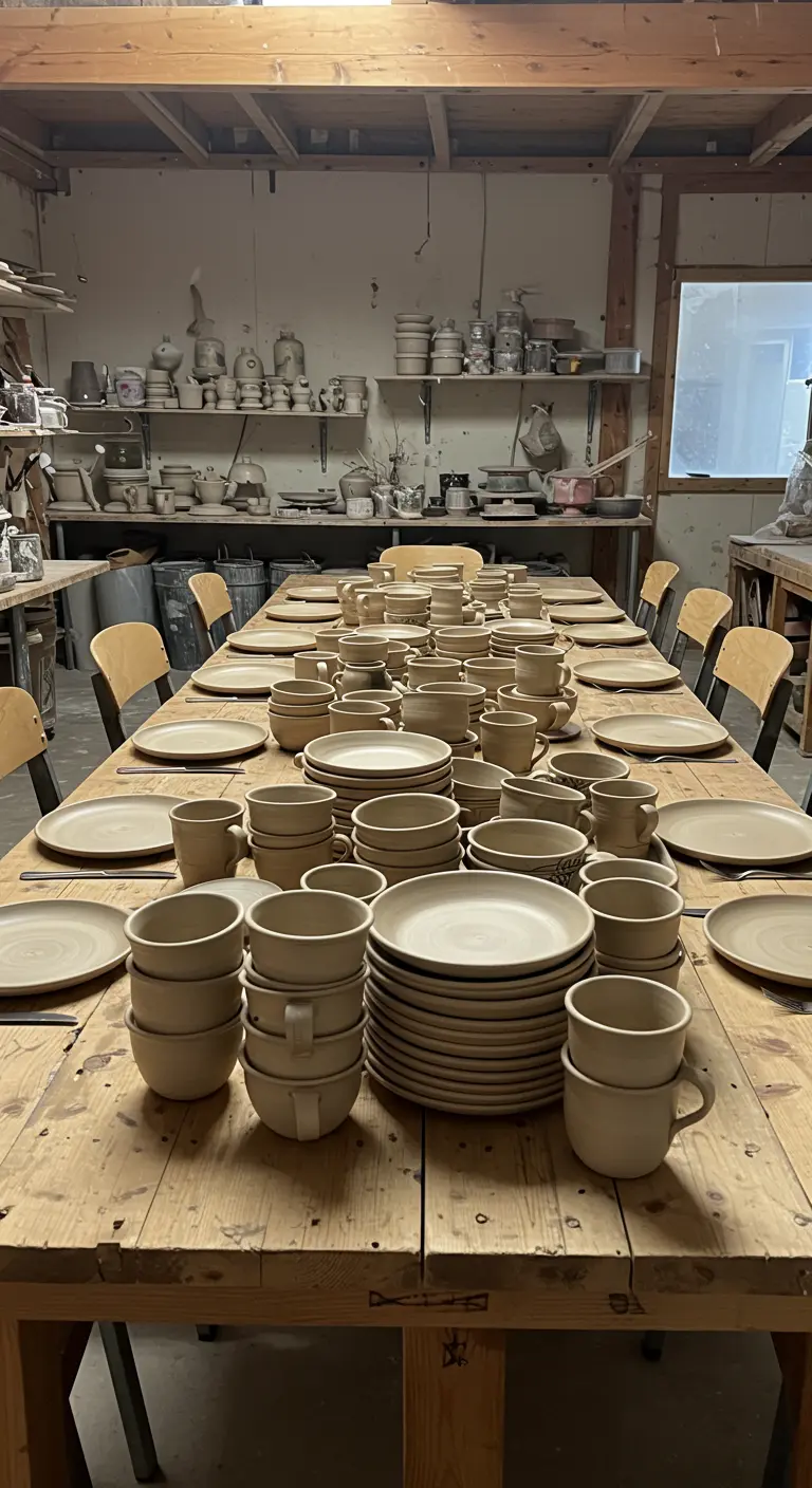 Lange houten tafel in een pottenbakkerij, vol met onbewerkt keramisch servies.