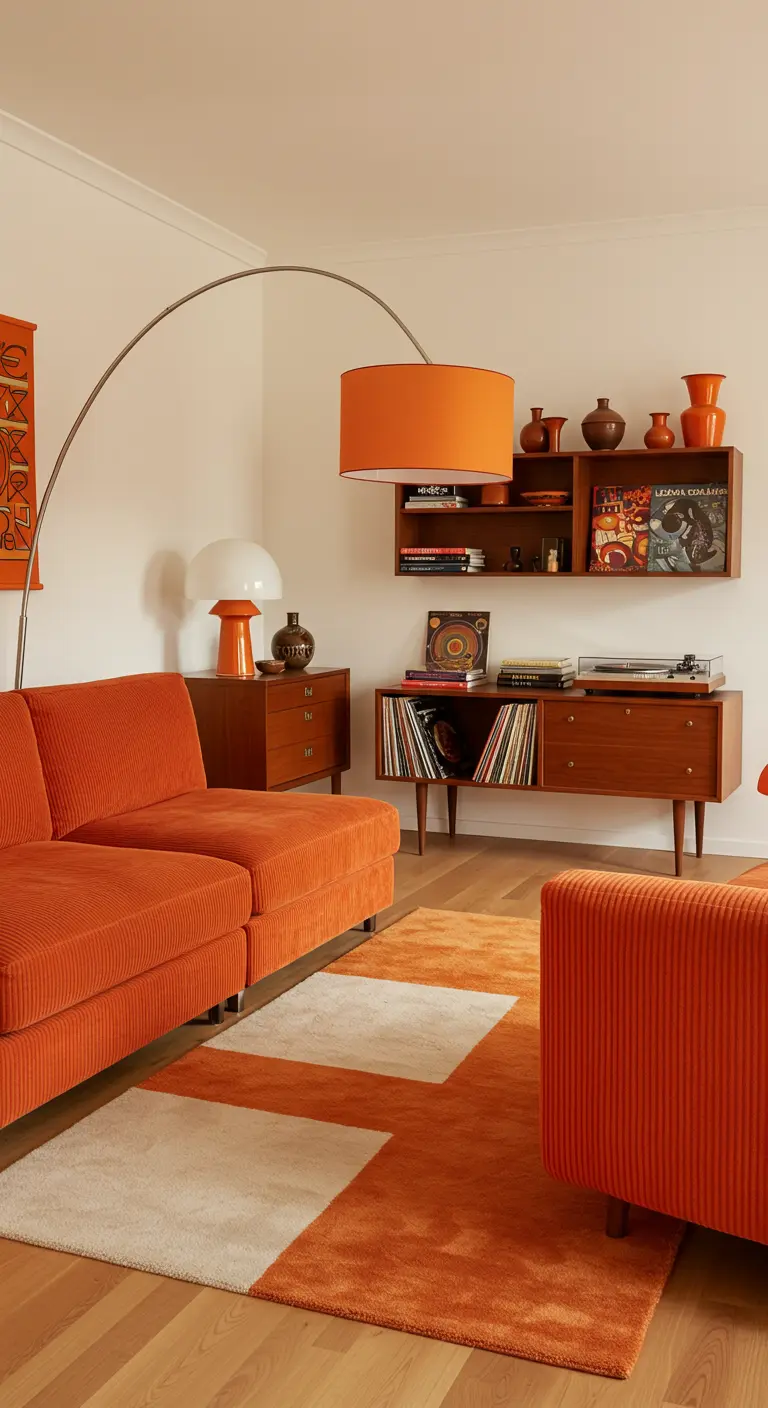 Oranje ribfluwelen bank, geometrisch vloerkleed, walnoot dressoir en een grote booglamp.