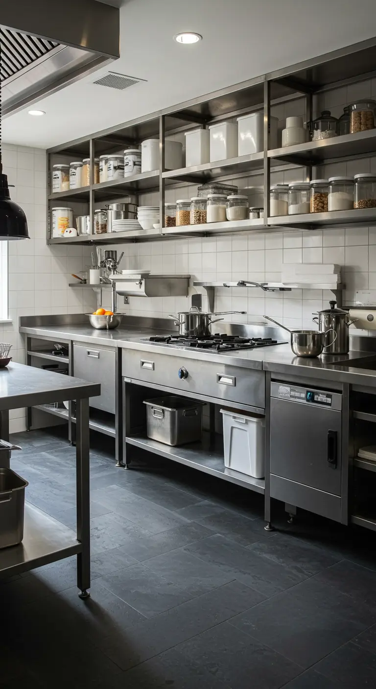 Professionele RVS keuken met open rekken, stalen werkbladen en een donkere vloer.