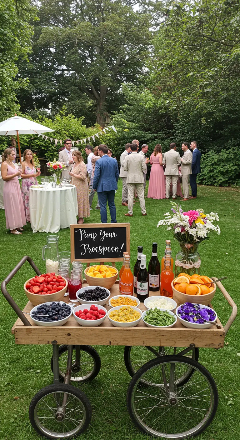 Rustieke kar met 'Pimp Your Prosecco' bar, vol fruit, sappen en eetbare bloemen.