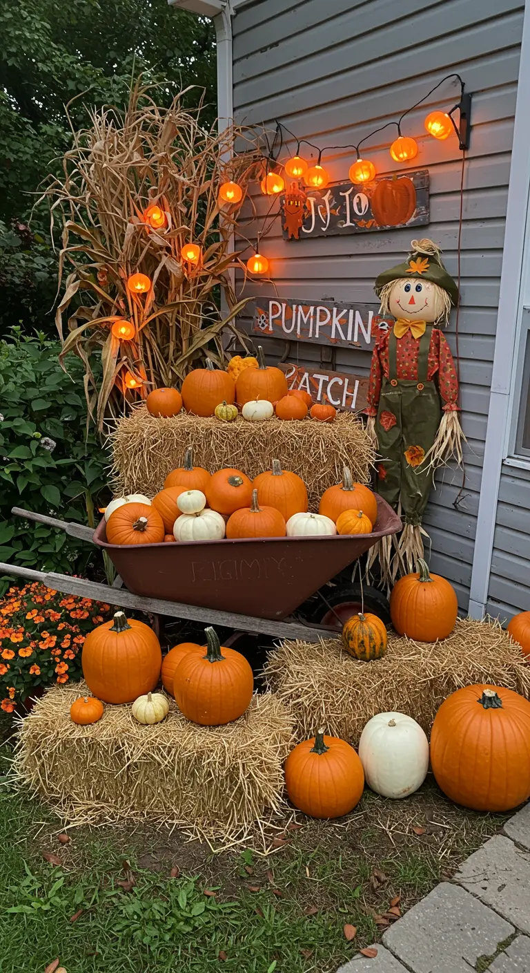 Landelijke herfstdecoratie met hooibalen, een kruiwagen vol pompoenen en een vogelverschrikker.
