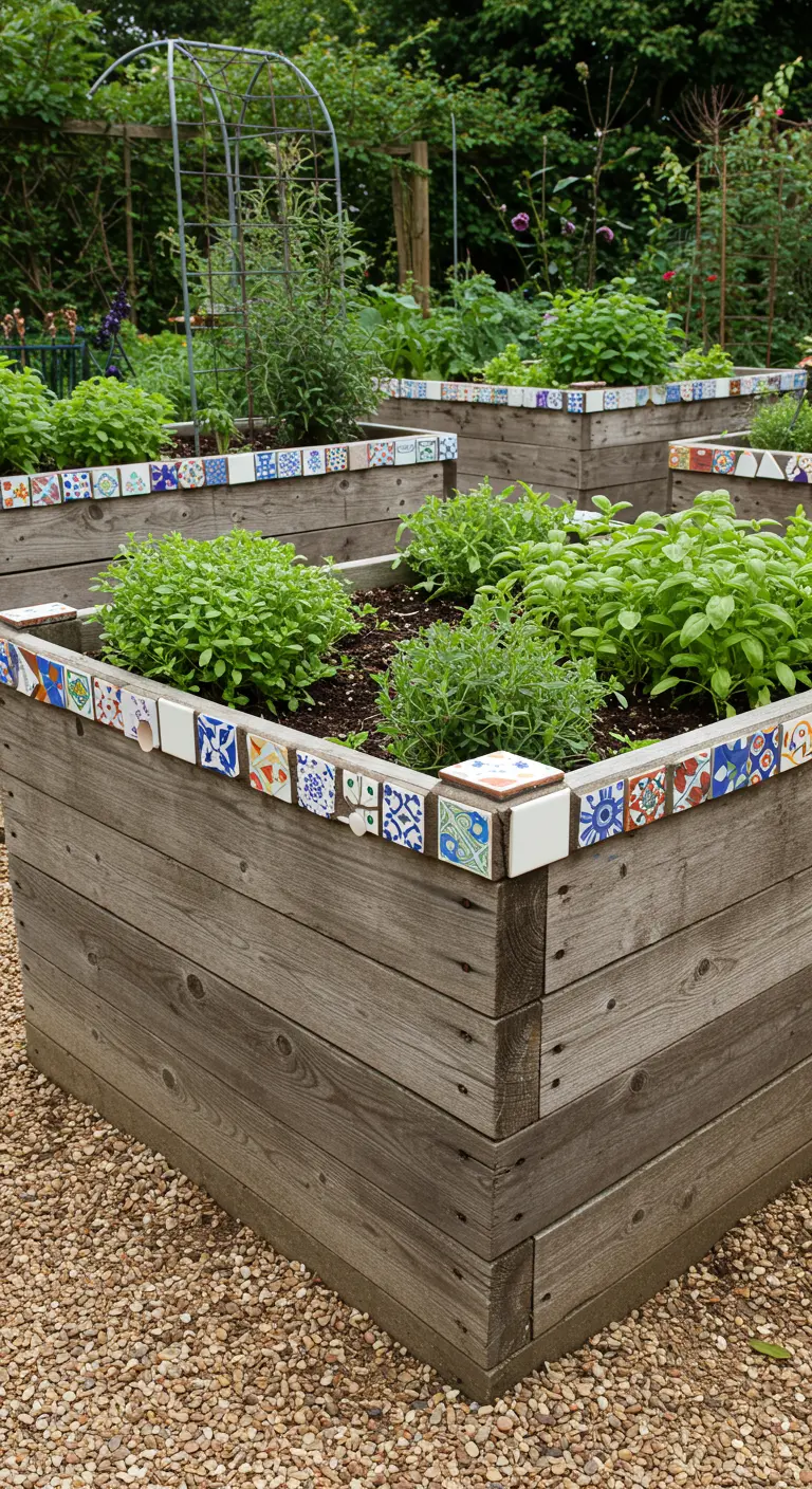 Houten moestuinbakken met kruiden, waarvan de bovenrand is versierd met kleurrijke tegeltjes.