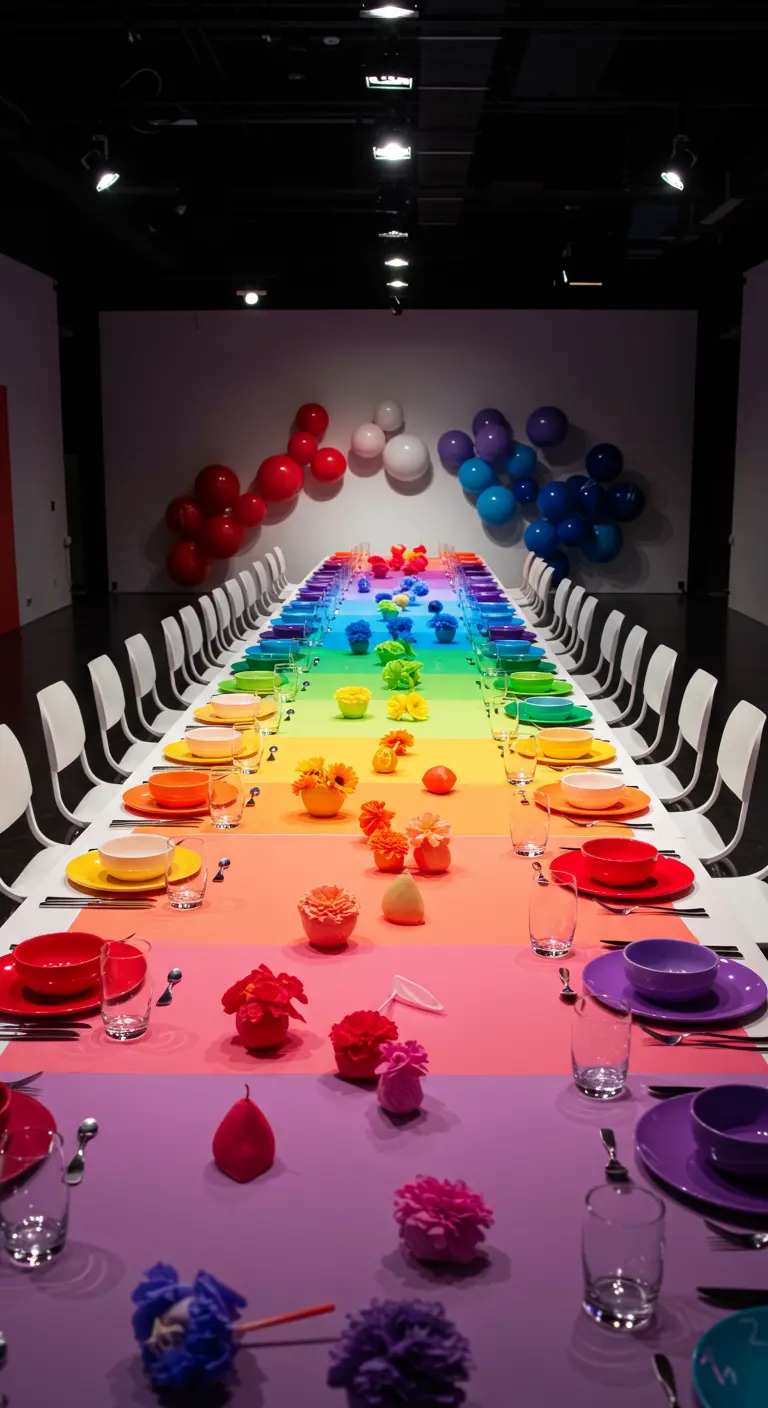Lange tafel gedekt in alle kleuren van de regenboog, met een kleurverloop.