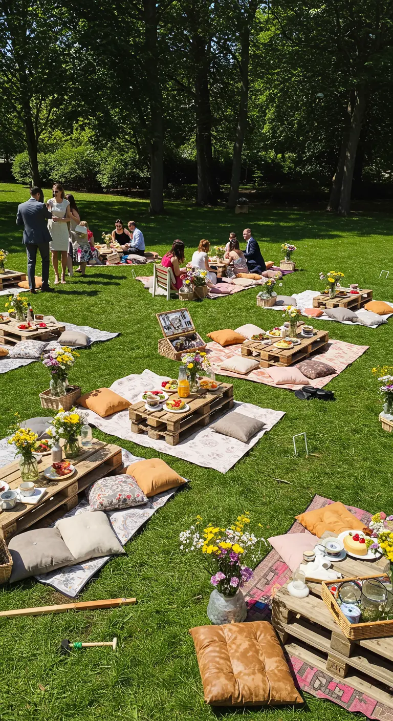 Informele picknick in een park met tafels van pallets en kleurrijke kussens.