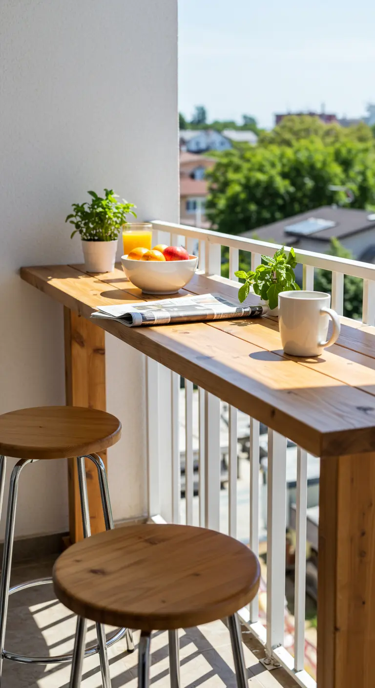 Lange, smalle houten bar gemonteerd op de reling van een zonnig balkon.