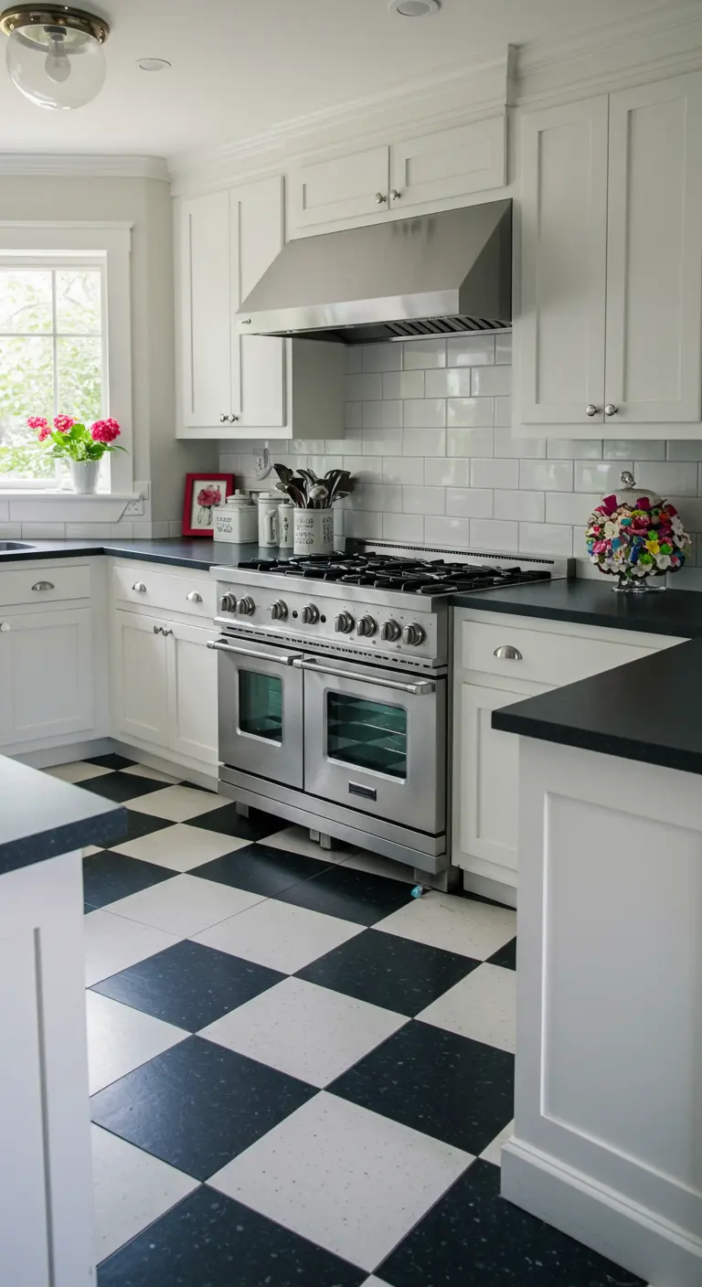 Witte keuken met een zwart-wit geblokte tegelvloer en een groot roestvrijstalen fornuis.