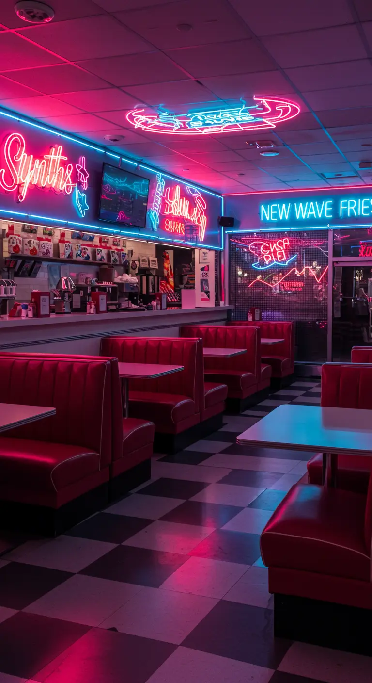 Interieur van een Amerikaanse diner met rode banken, een geblokte vloer en veel neonreclame.