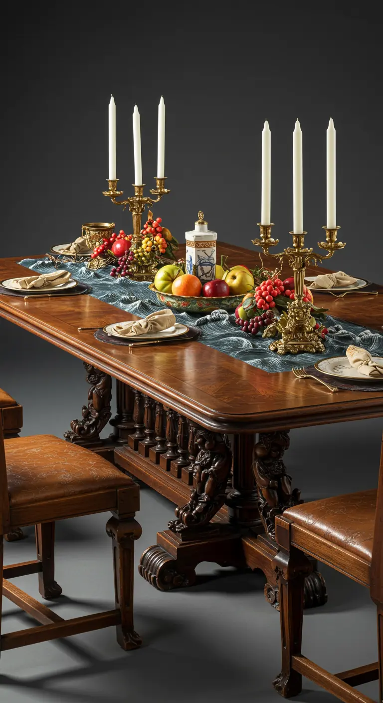 Robuuste houten eettafel met een blauwe loper, gedecoreerd met fruit en gouden kandelaars.