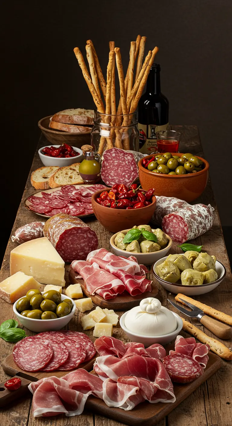 Uitgebreide Italiaanse borrelplank met kazen, vleeswaren, olijven en broodstengels.