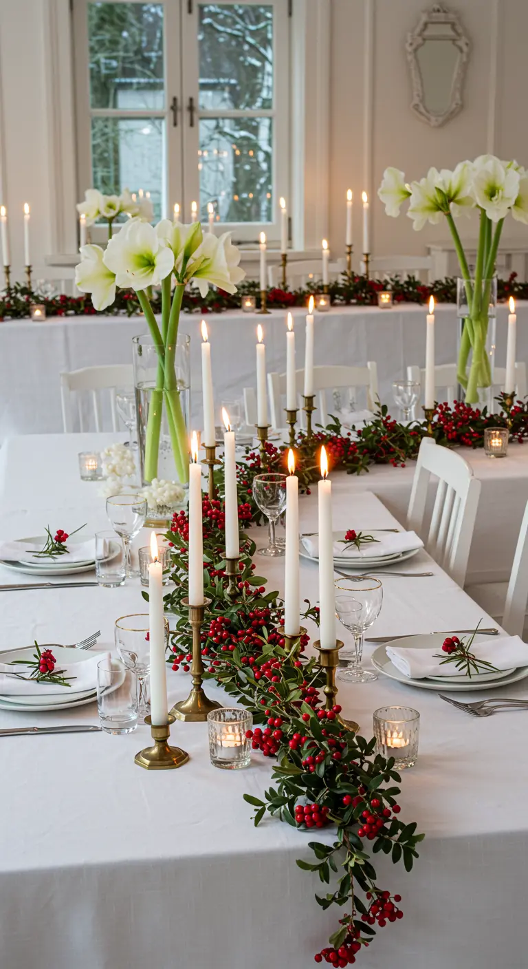 Lange witte tafel gedecoreerd met een slinger van rode besjes en witte bloemen.