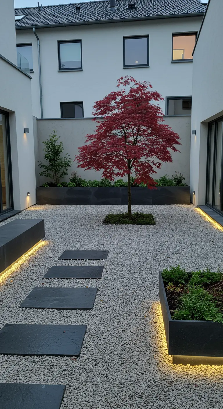 Minimalistische tuin met rode esdoorn, grindpad, verlichte plantenbakken en stapstenen.