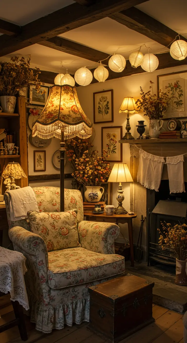 Cottagecore woonkamer vol bloemenprints, met diverse lampen en een lantaarnslinger.