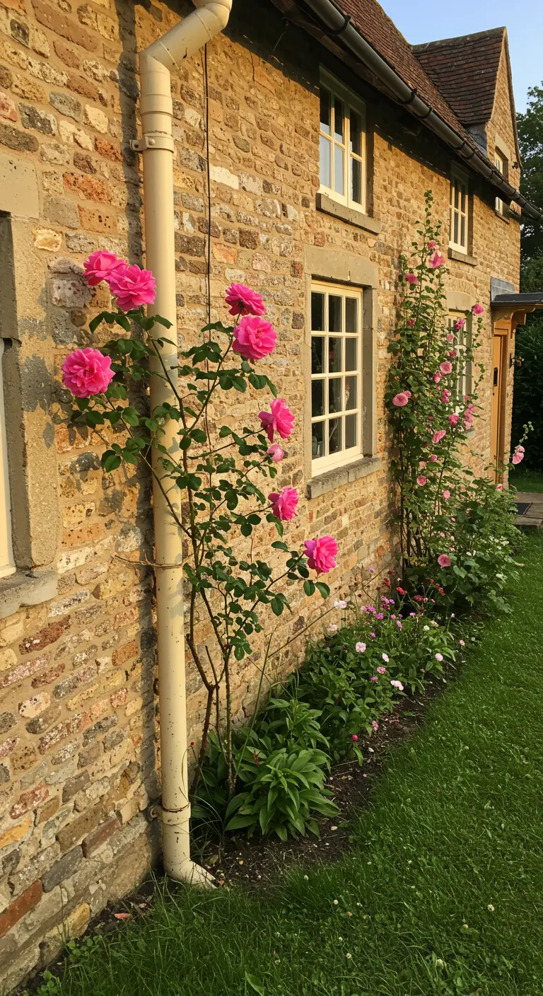 Lichtgekleurde regenpijp dient als steun voor een weelderige roze klimroos.