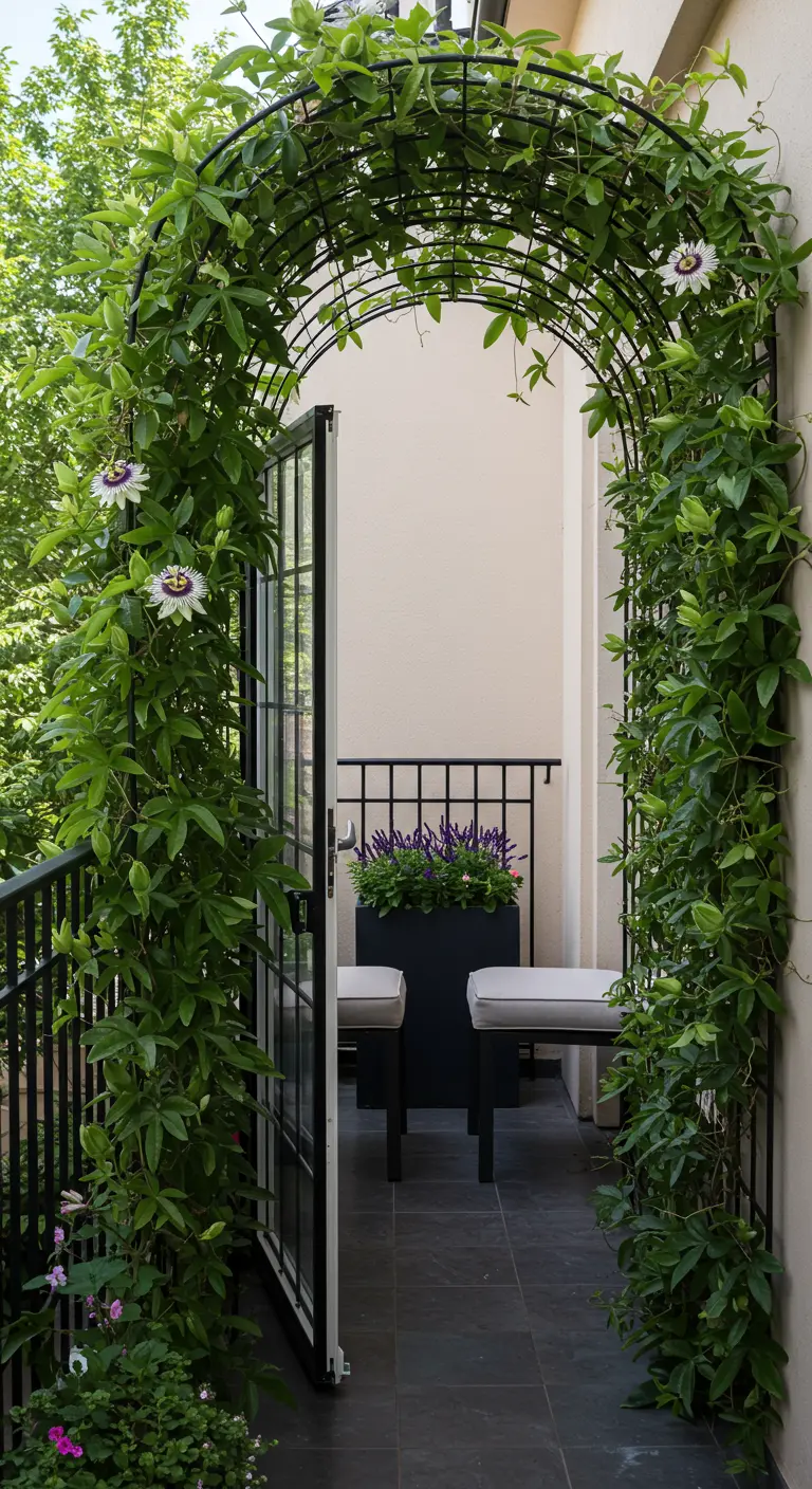 Een metalen boog begroeid met klimplanten en passiebloemen vormt een poort naar het balkon.