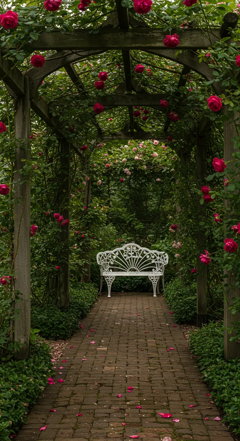 Wit bankje onder een met rozen begroeide pergola aan het einde van een pad.
