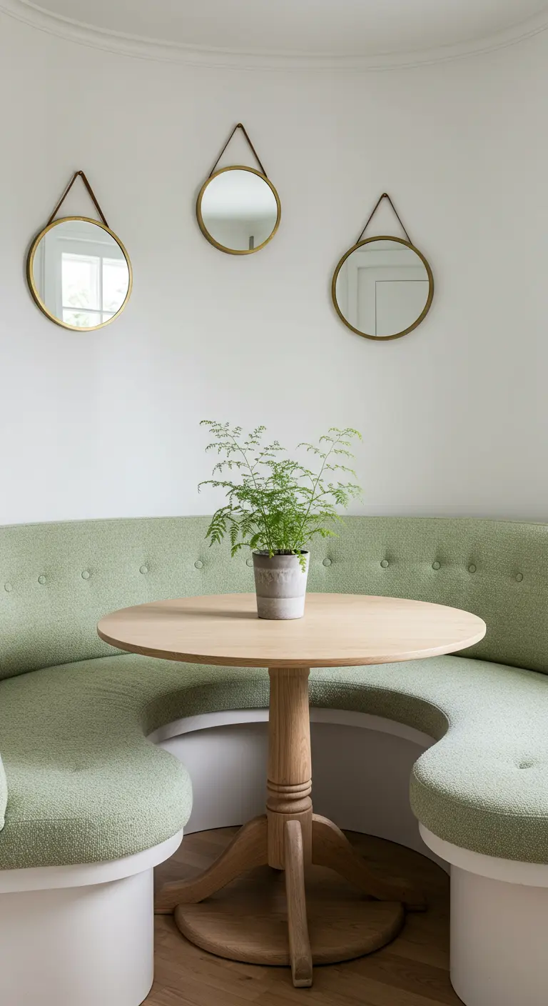 Ronde, ingebouwde bank in lichtgroene stof met een ronde houten tafel en drie ronde spiegels.
