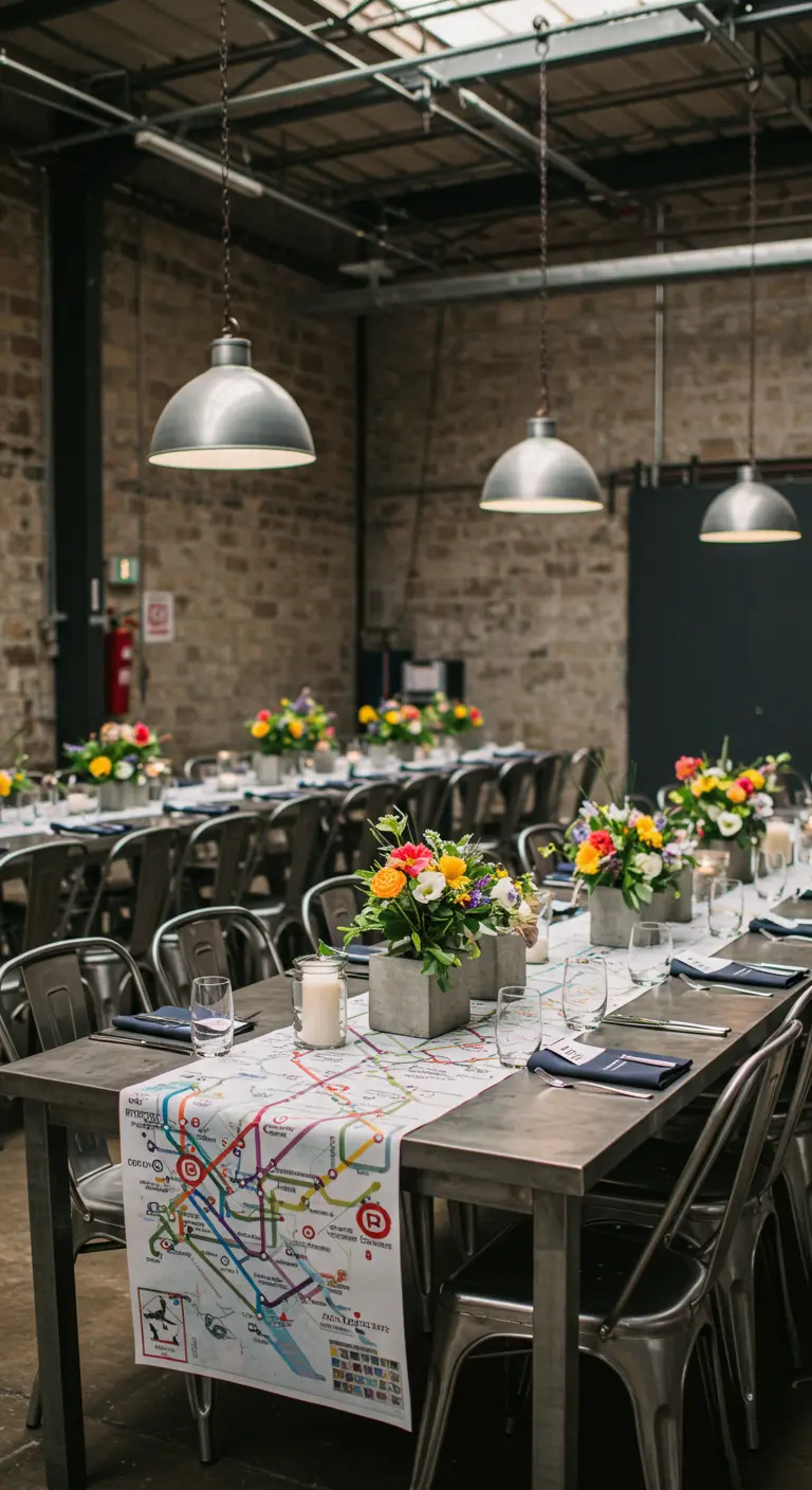 Industriële tafel met een metrokaart als tafelloper en kleurrijke bloemen in betonnen vazen.