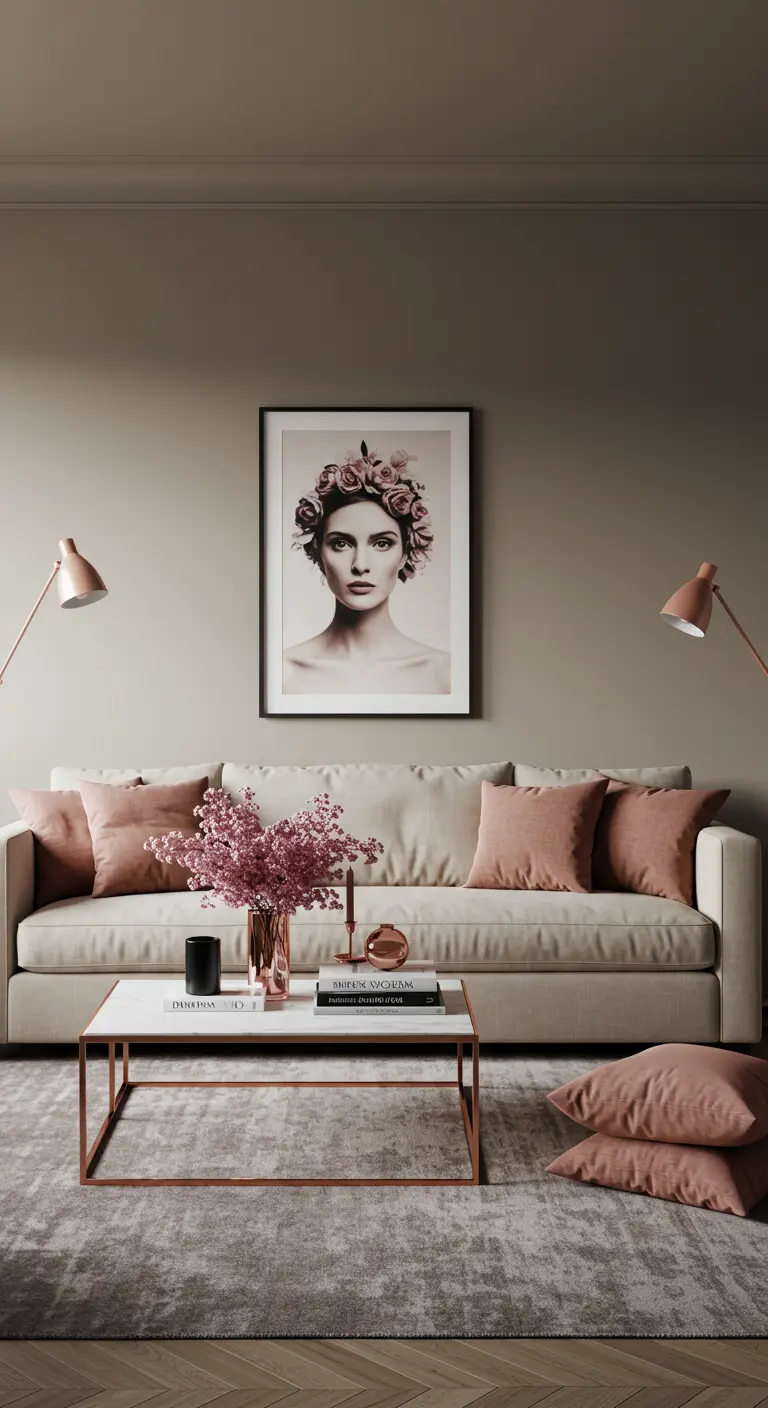Woonkamer met taupe muren en accenten in 'dusty rose' en koper.