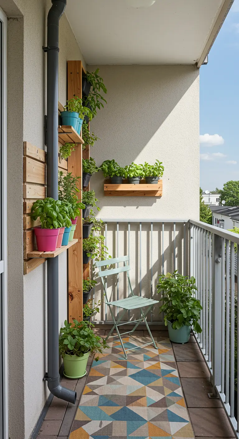Balkon met een verticale kruidentuin gebouwd rondom een donkergrijze regenpijp.