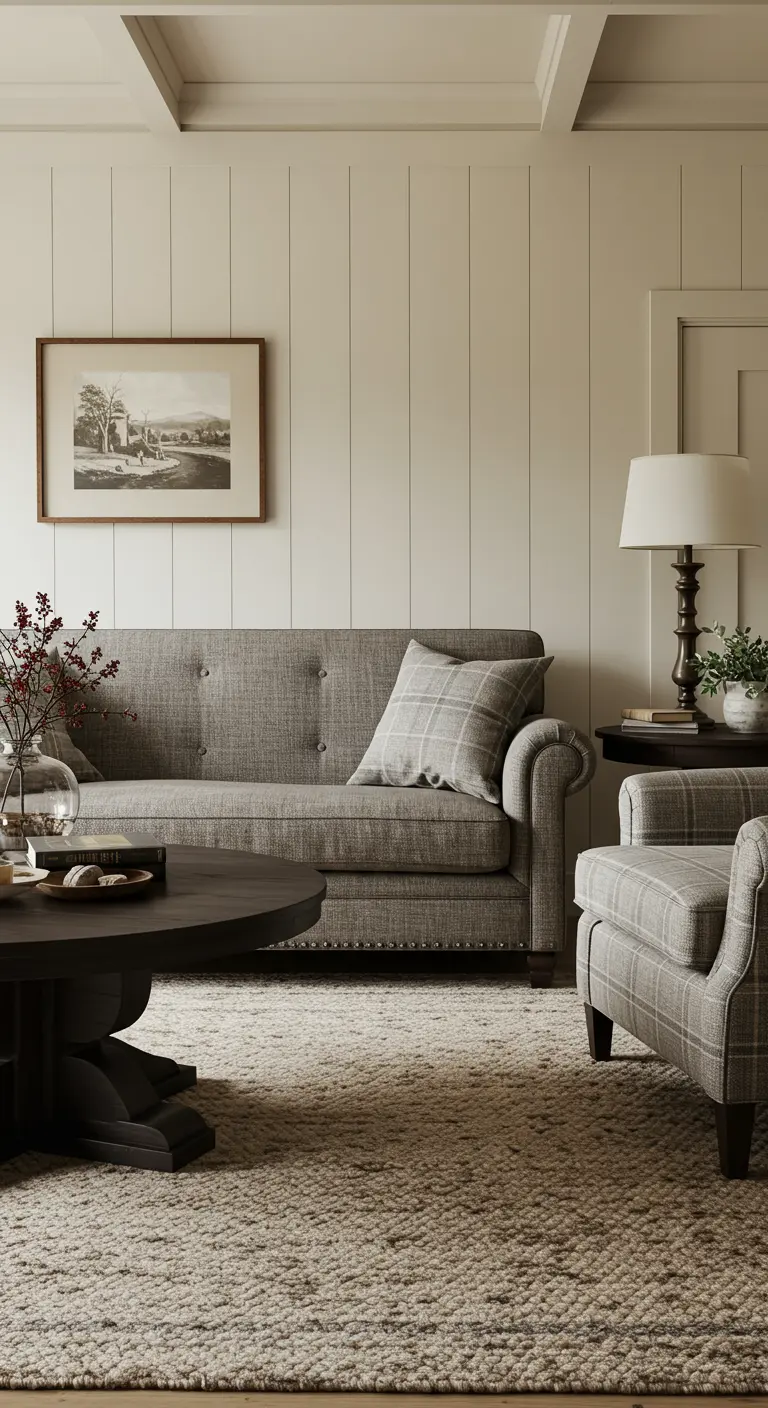 Landelijke woonkamer met houten lattenwand, grijze bank en een fauteuil met ruitpatroon.