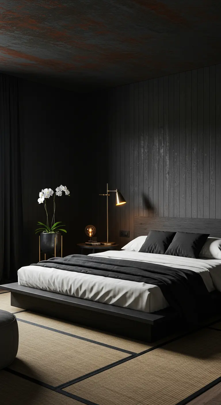 Donkere, serene slaapkamer met houten wandpanelen, een zwart plafond en een simpele gouden lamp.