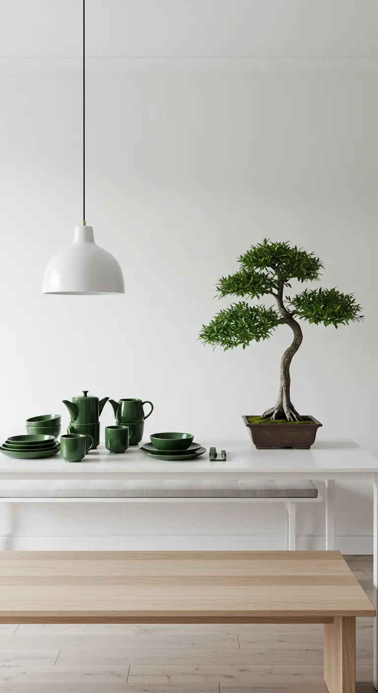 Minimalistische witte eettafel met een bonsaiboom en donkergroen servies.