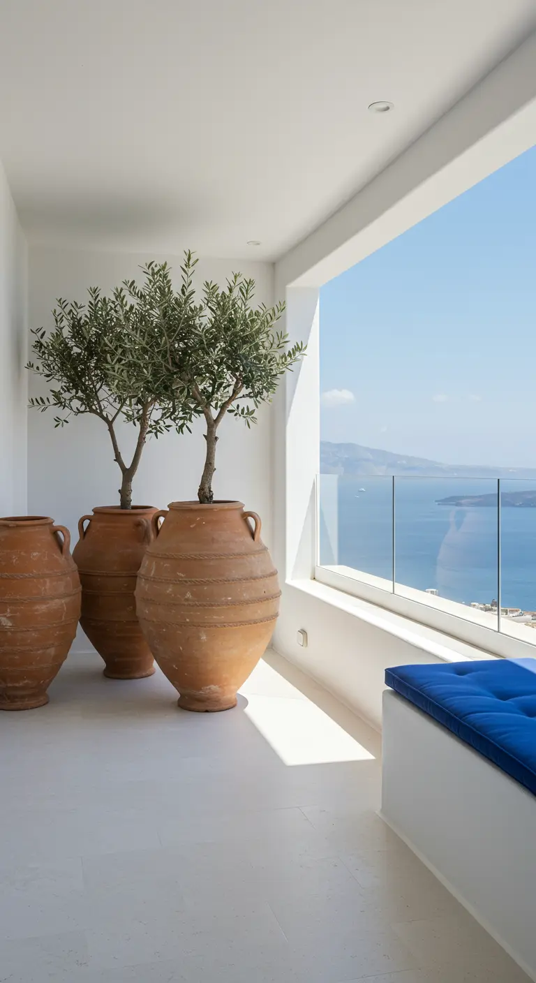 Drie grote terracotta amfora-potten met olijfbomen op een wit balkon met uitzicht op zee.