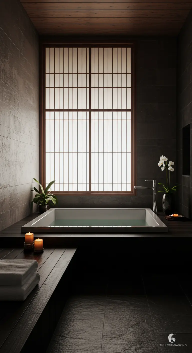 Donkere, serene badkamer met een verzonken bad en een Japans shoji-raam.