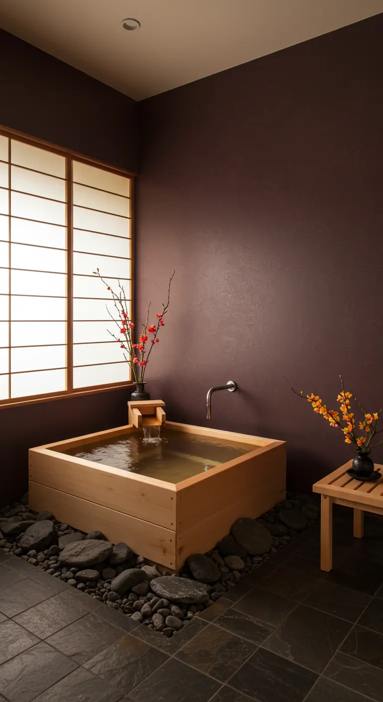 Japanse badkamer met aubergine muur, een houten ofuro-bad en een shoji-raam.