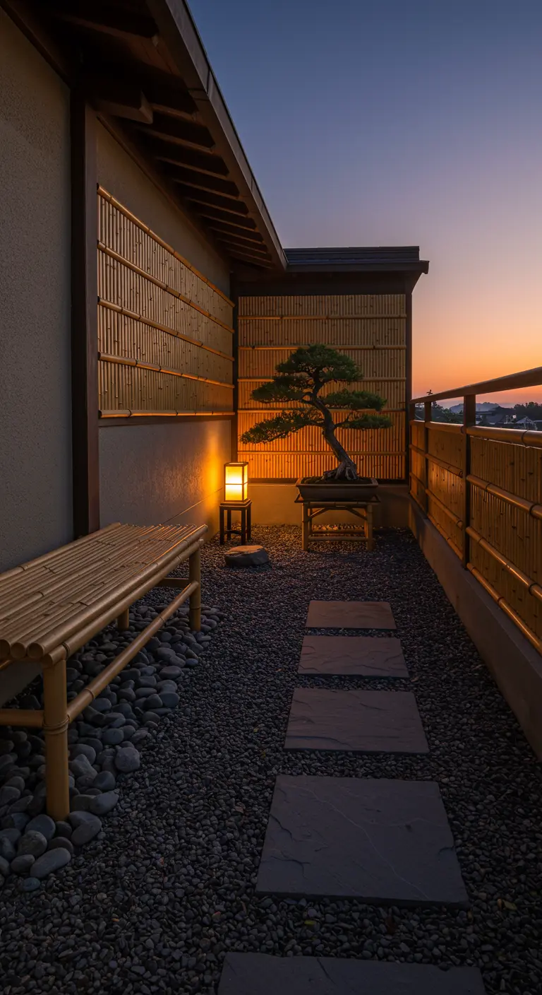 Japans balkon met bamboe schermen, een bonsaiboom, grind en een lage lantaarn.