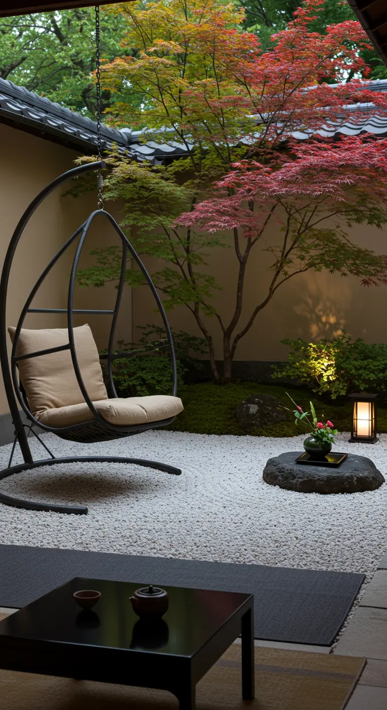Minimalistische hangstoel in een Japanse zentuin met wit grind en een esdoorn.