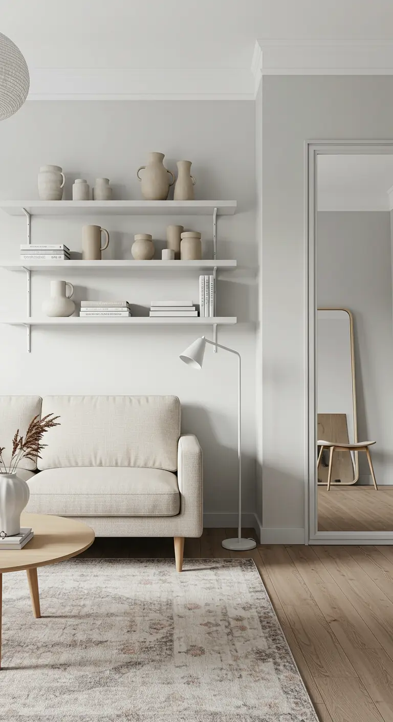 Witte muur met open planken vol met beige en wit keramiek, boven een lichte bank.