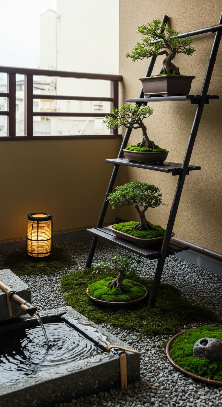 Donkere ladder met bonsaiboompjes op een balkon met grind, mos en een Japanse lantaarn.