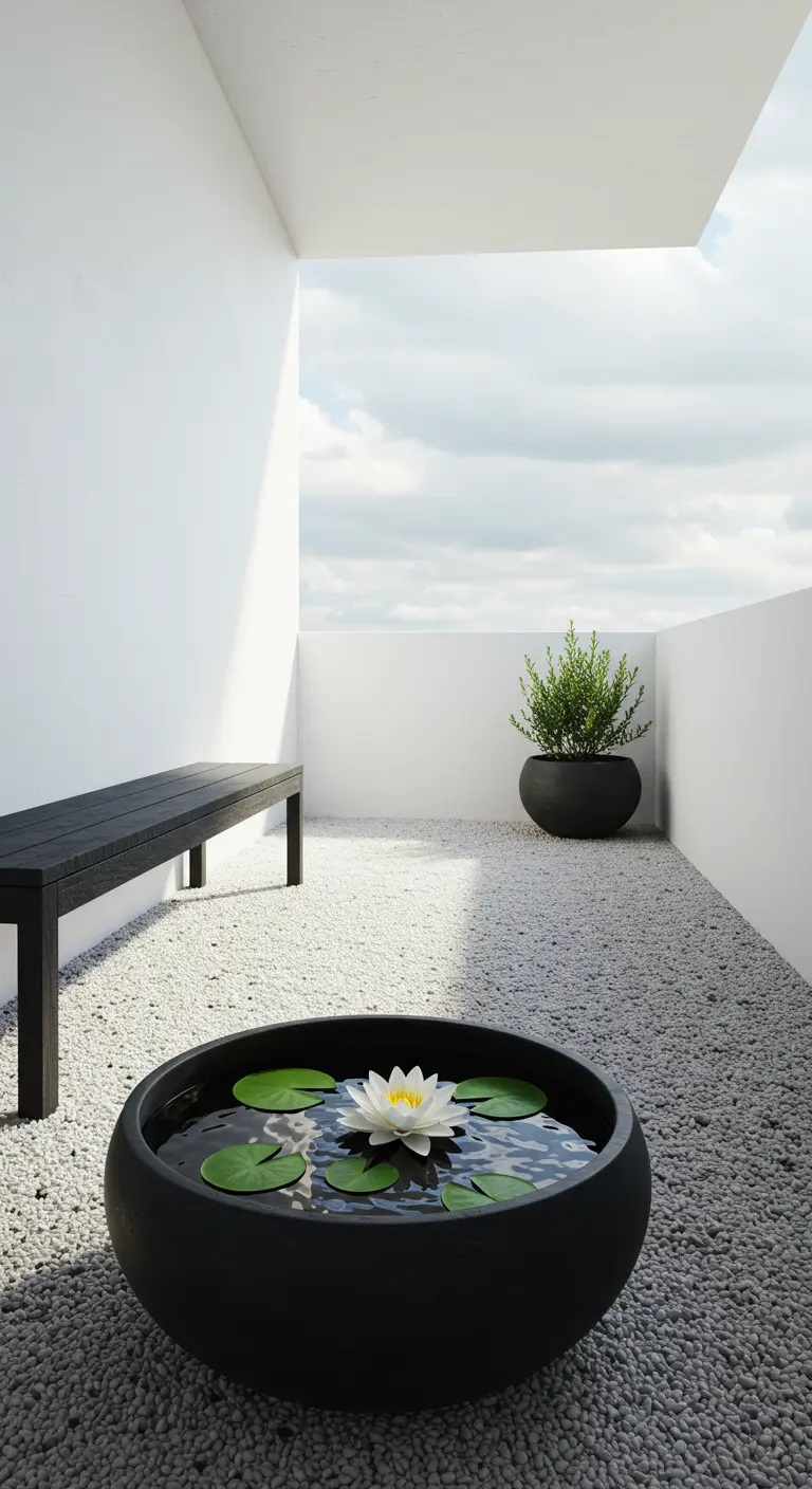Minimalistisch balkon met witte kiezels, een zwarte bank en een waterschaal met waterlelie.