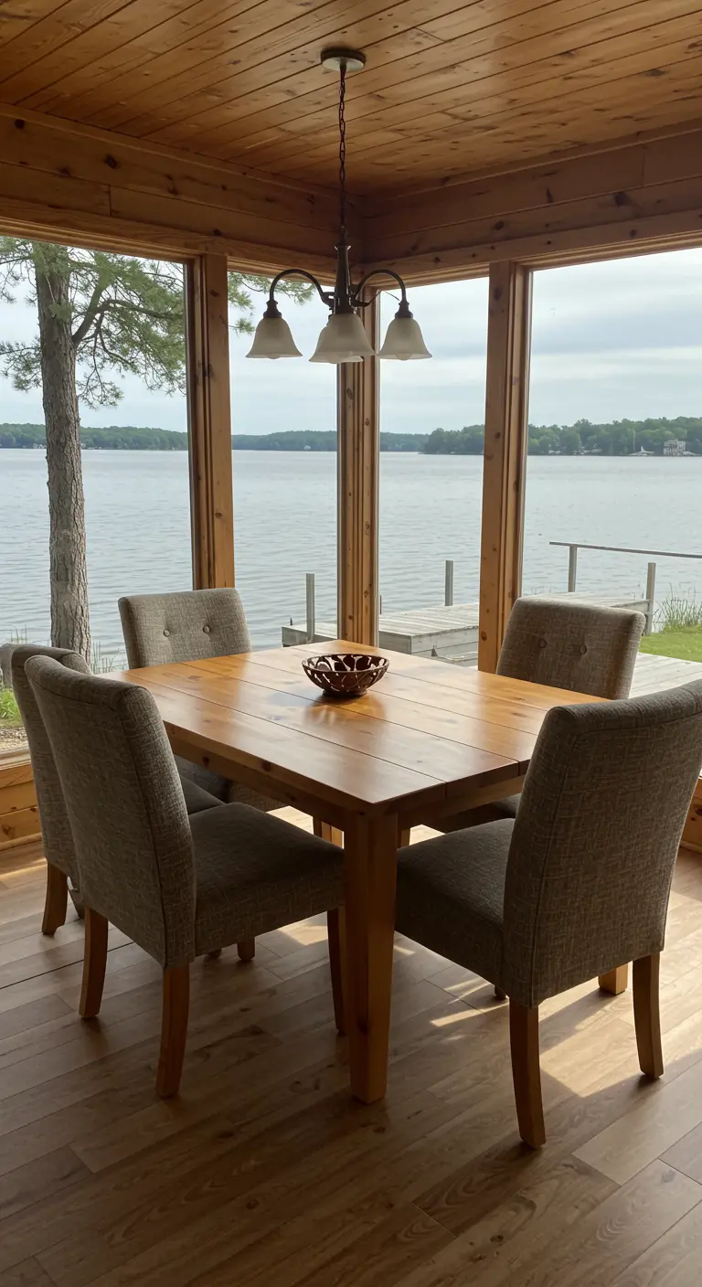 Eethoek in een huis aan het meer, met houten muren en een groot raam dat uitkijkt op het water.