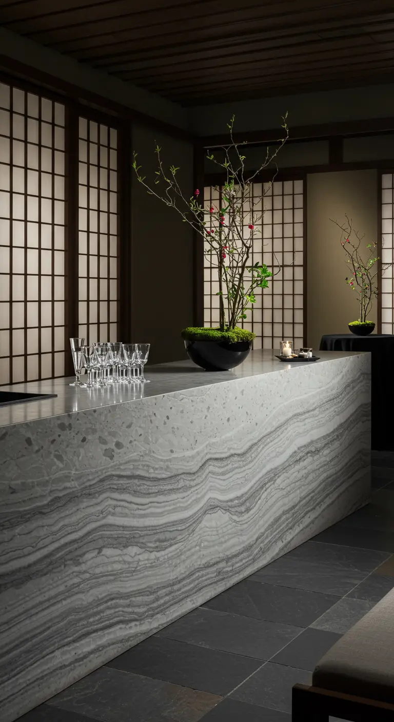 Minimalistische setting met een licht marmeren bar en een Japanse bloesemtak.