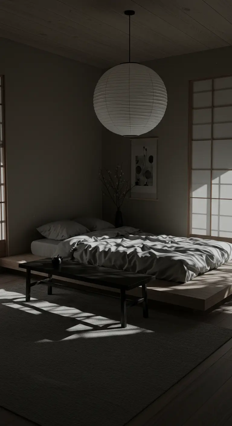 Donkere slaapkamer in Japandi-stijl met een laag bed en een papieren lampion.