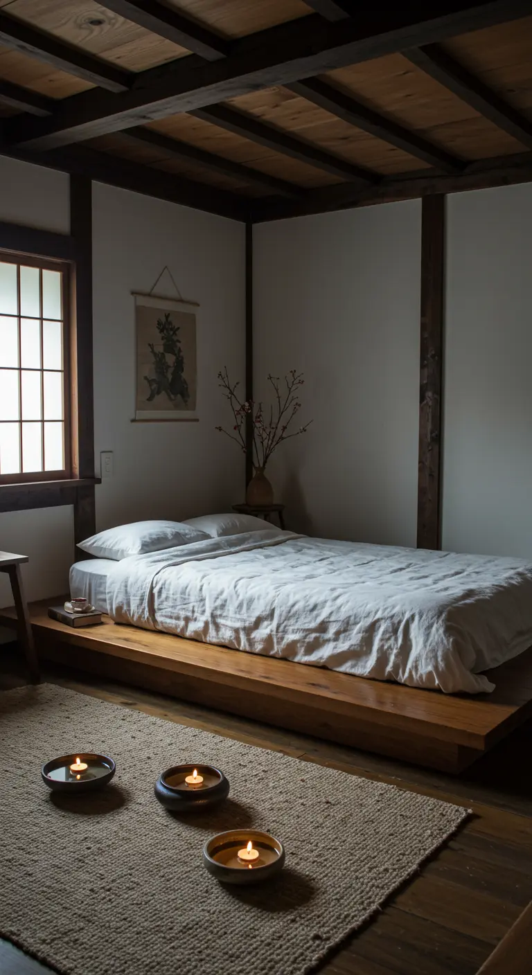 Minimalistische slaapkamer in Japanse stijl met een laag houten bed en een jutekleed met kaarsjes.