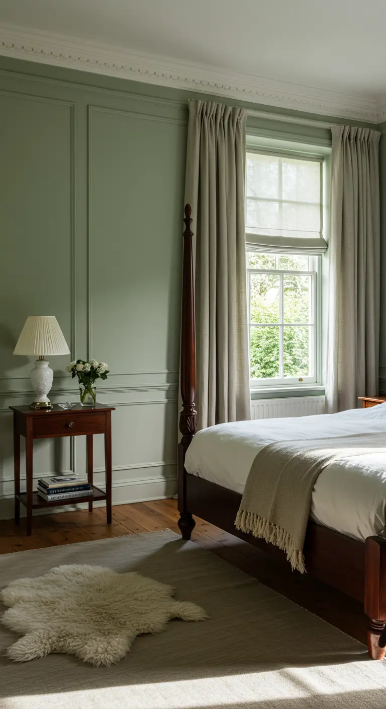 Sereen groene slaapkamer met wandpanelen en een donkerhouten bed.