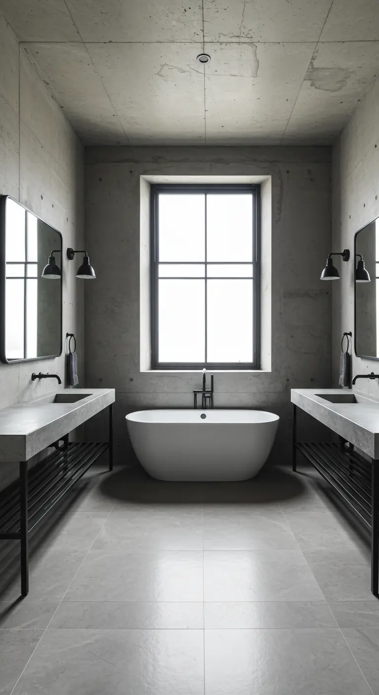 Symmetrische badkamer met twee wastafels, een centraal bad en een groot raam.