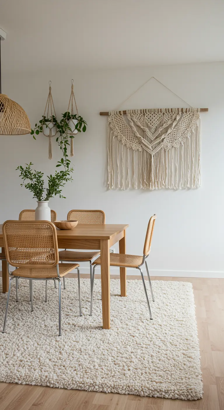 Minimalistische eetkamer met een groot macramé wandkleed en een wit, hoogpolig tapijt.