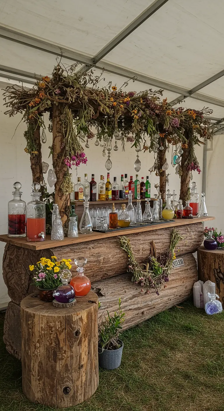 Bar gemaakt van boomstammen, versierd met droogbloemen en kruiden.