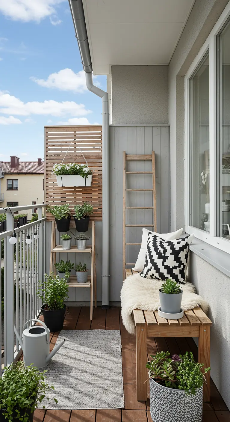 Lichtgrijze regenpijp op een Scandinavisch balkon met houten meubels en planten.