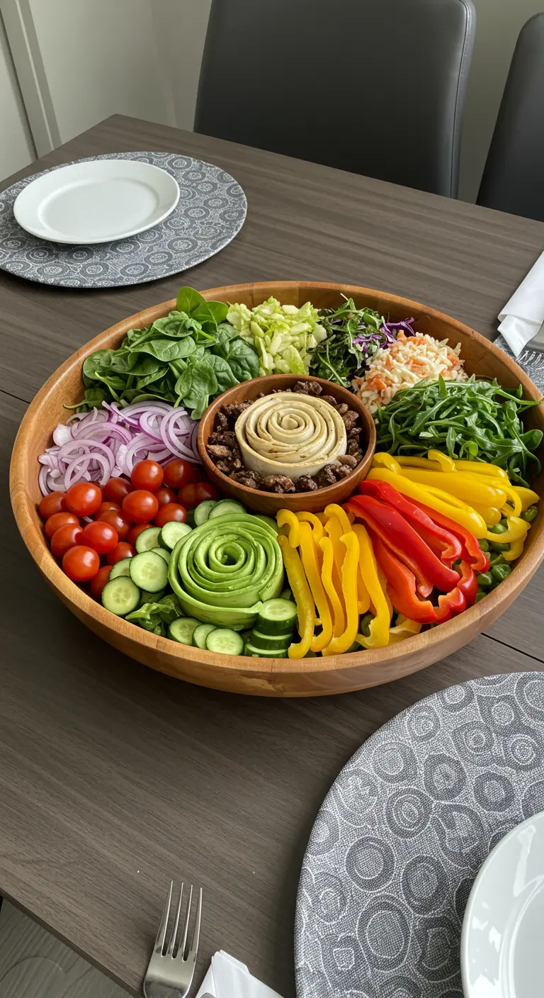 Grote houten slakom waarin groenten en hummus in een decoratieve spiraal zijn gerangschikt.